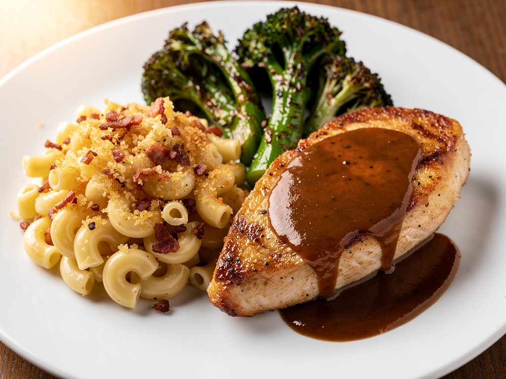 Pan-Seared Chicken with Shallot Demi-Glace, Bacon Mac 'n' Cheese, and Roasted Broccoli