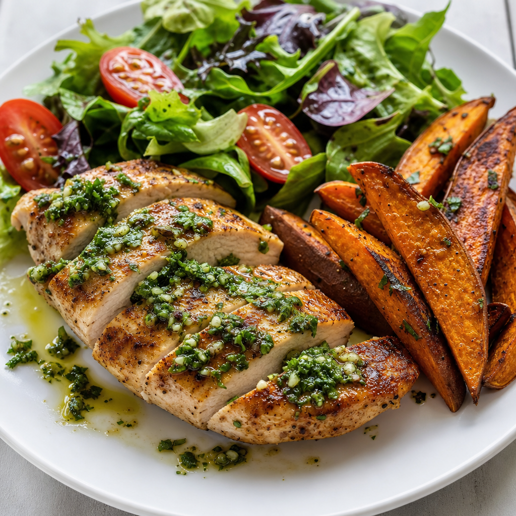 Pan-Seared Cumin Chicken with Parsley Chimichurri and Sweet Potato Wedges