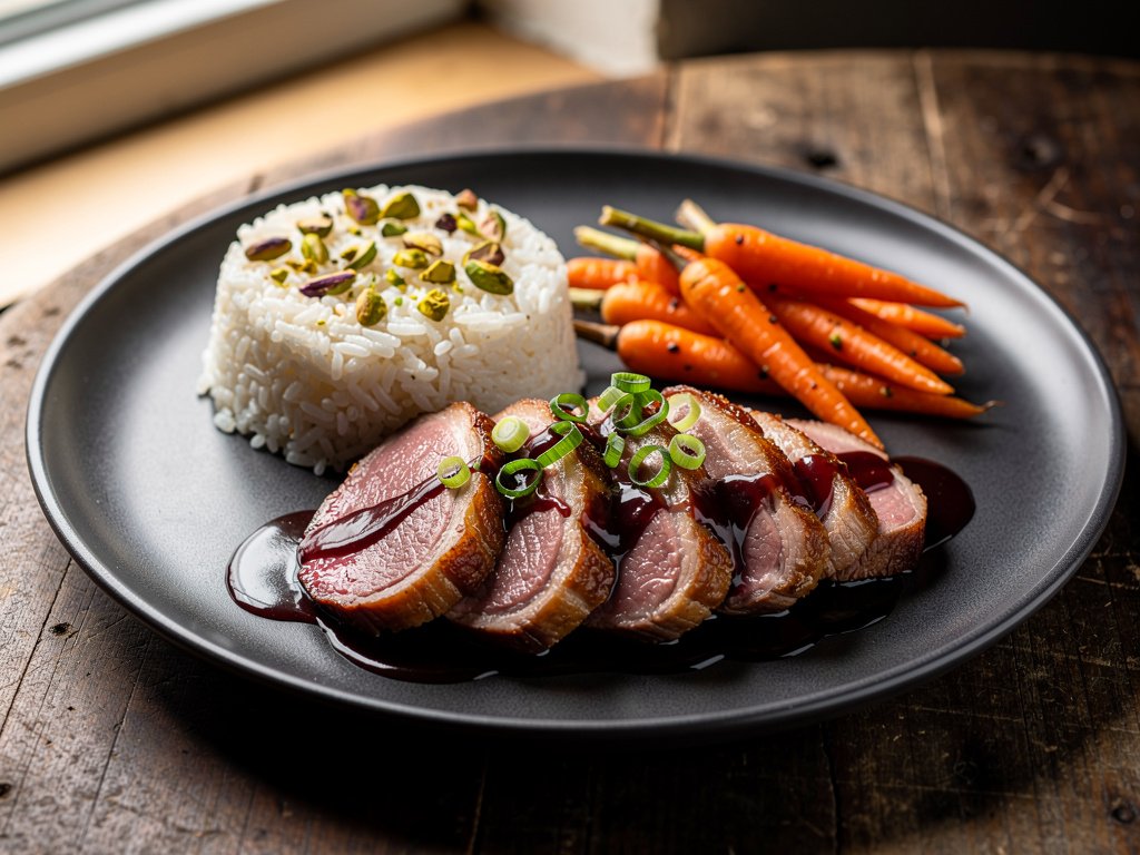 Pan-Seared Duck Breast with Cherry Ancho Sauce, Pistachio Rice, and Roasted Carrots