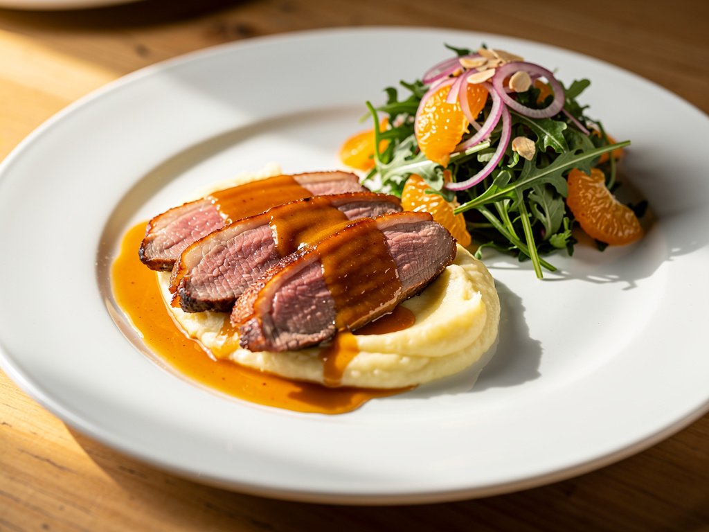 Pan-Seared Duck Breast with Orange Glaze, Duck Fat Mashed Potatoes, and Arugula Almond Salad