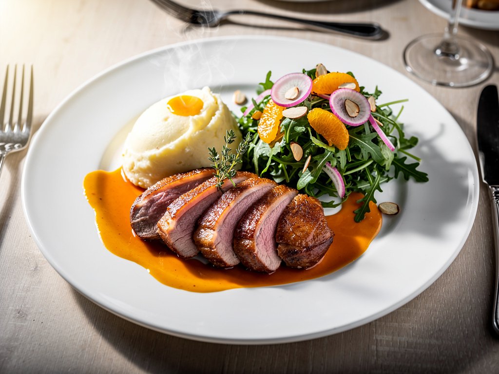 Pan-Seared Duck Breast with Orange Sauce, Duck Fat Mashed Potatoes, and Arugula Almond Salad