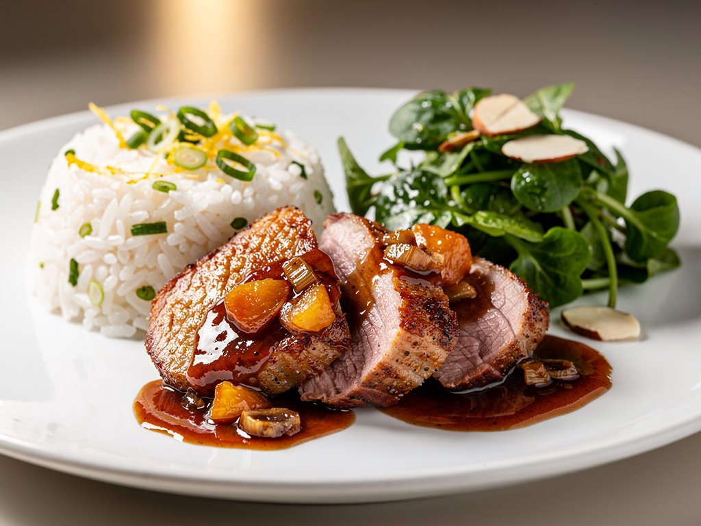 Pan-Seared Duck Breasts with Balsamic Nectarine Sauce, Lemon Rice, and Watercress Almond Salad