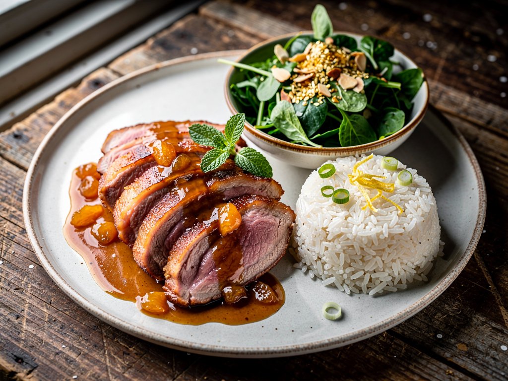 Pan-Seared Duck Breasts with Balsamic Nectarine Sauce, Lemon Rice, and Watercress Salad