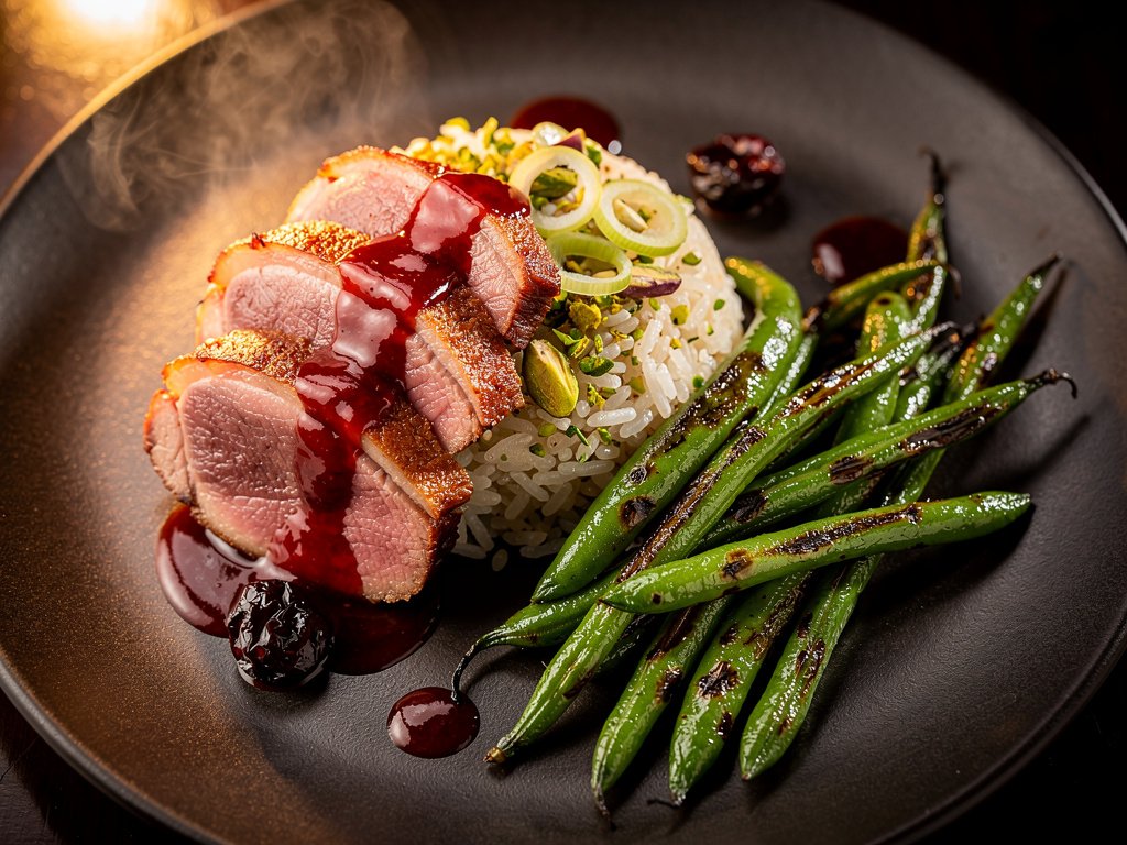 Pan-Seared Duck Breasts with Cherry Ancho Sauce, Pistachio Rice, and Roasted Green Beans