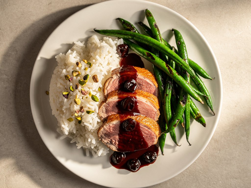 Pan-Seared Duck Breasts with Cherry Ancho Sauce, Pistachio Rice, and Roasted Green Beans