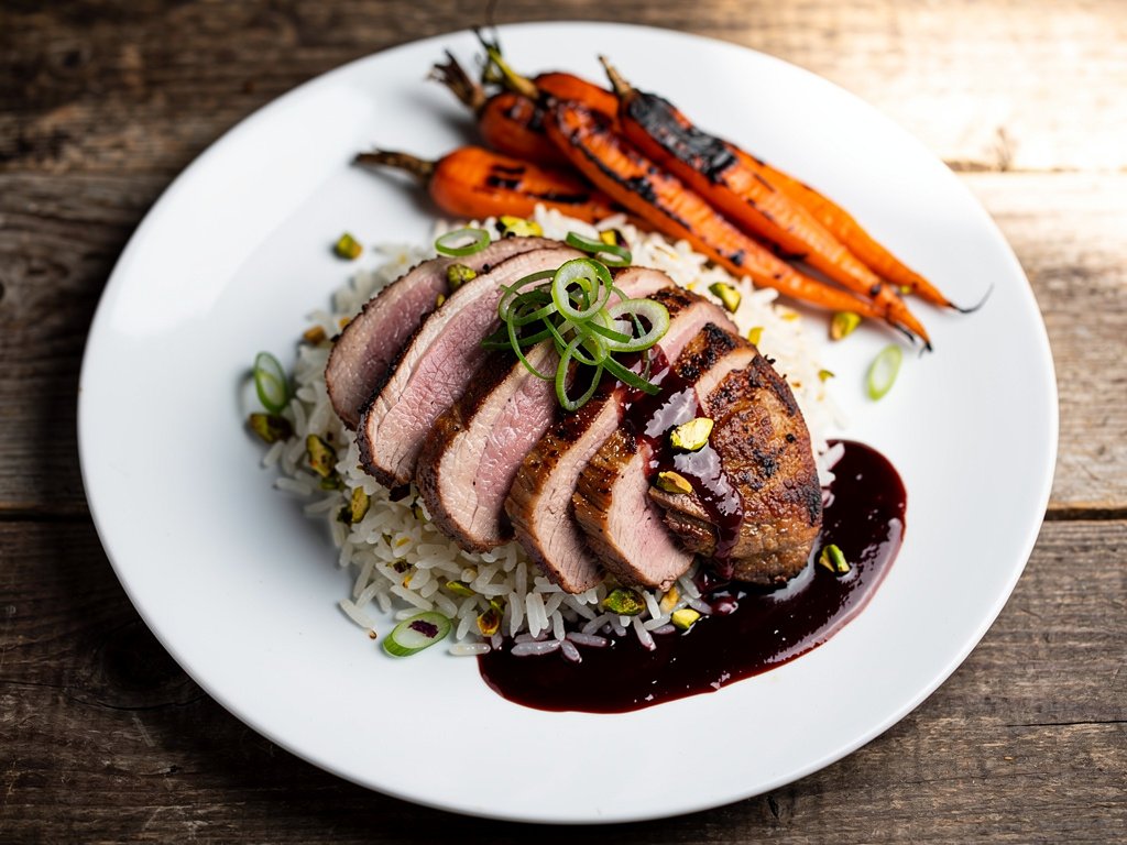 Pan-Seared Duck with Cherry Ancho Sauce, Pistachio Rice, and Roasted Carrots