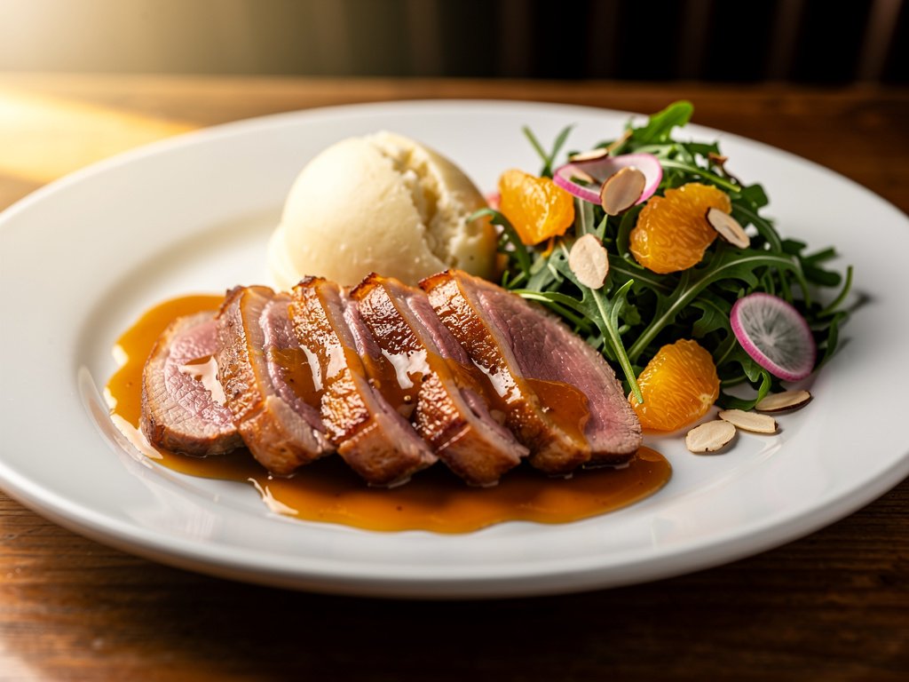 Pan-Seared Duck with Orange Sauce, Duck Fat Mashed Potatoes, and Arugula Almond Salad