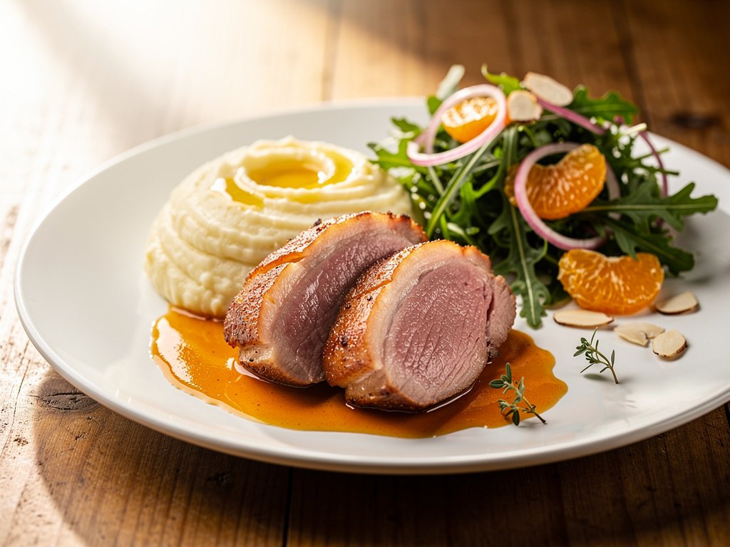Pan-Seared Duck with Orange Sauce, Duck Fat Mashed Potatoes, and Arugula Almond Salad