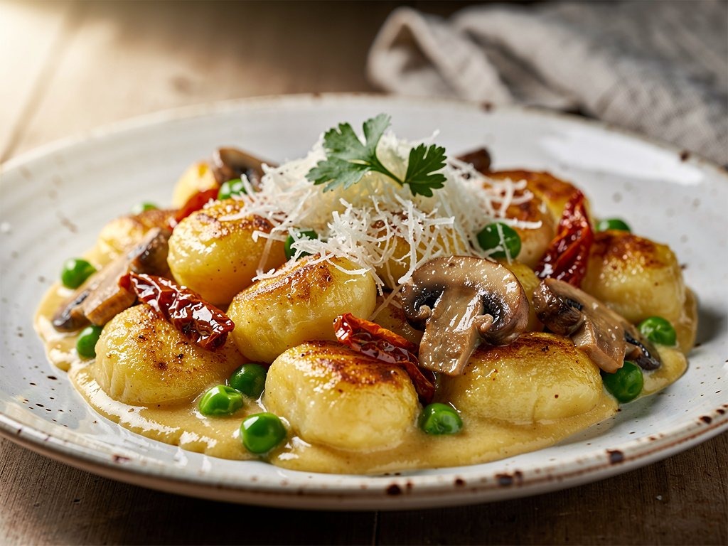 Pan-Seared Gnocchi with Mushrooms and Sun-Dried Tomatoes in Creamy Parmesan Sauce