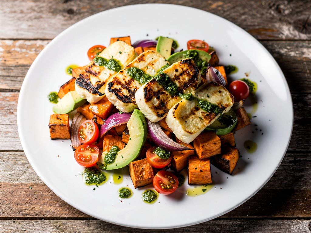 Pan-Seared Grilling Cheese with Roasted Sweet Potato and Avocado Salad