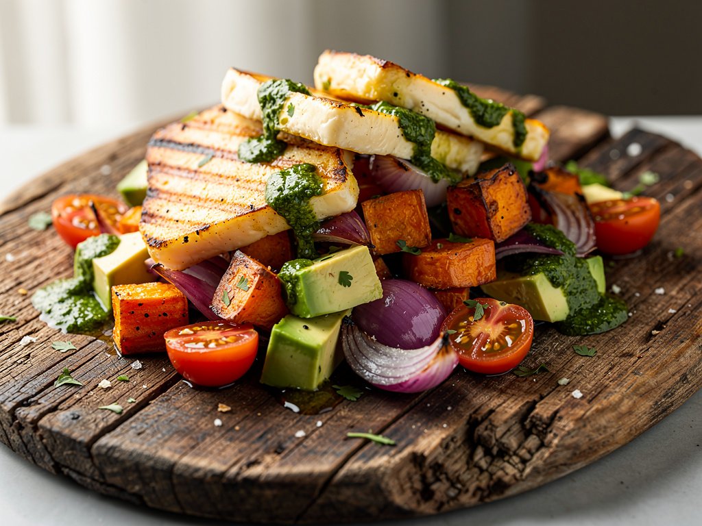 Pan-Seared Grilling Cheese with Roasted Sweet Potato and Avocado Jumble