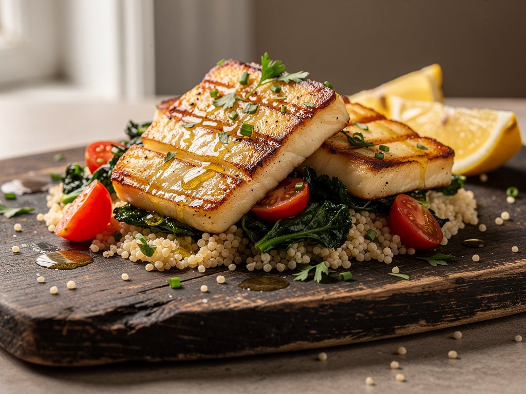 Pan-Seared Italian Grilling Cheese with Lemony Couscous and Kale