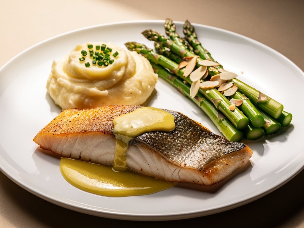 Pan-Seared Lemon Butter Trout with Asparagus Amandine and Horseradish Mashed Potatoes