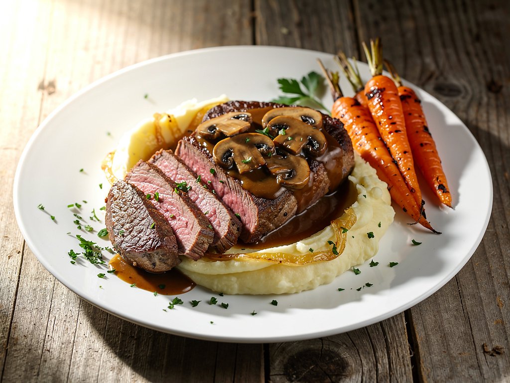 Pan-Seared New York Strip Steak with Mushroom Sauce, Creamy Mashed Potatoes, and Roasted Carrots