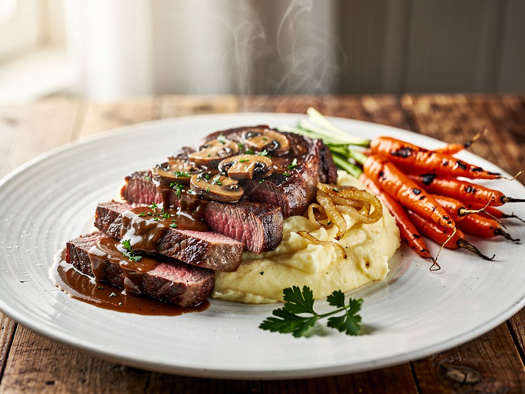 Pan-Seared New York Strip Steak with Creamy Mashed Potatoes and Roasted Carrots