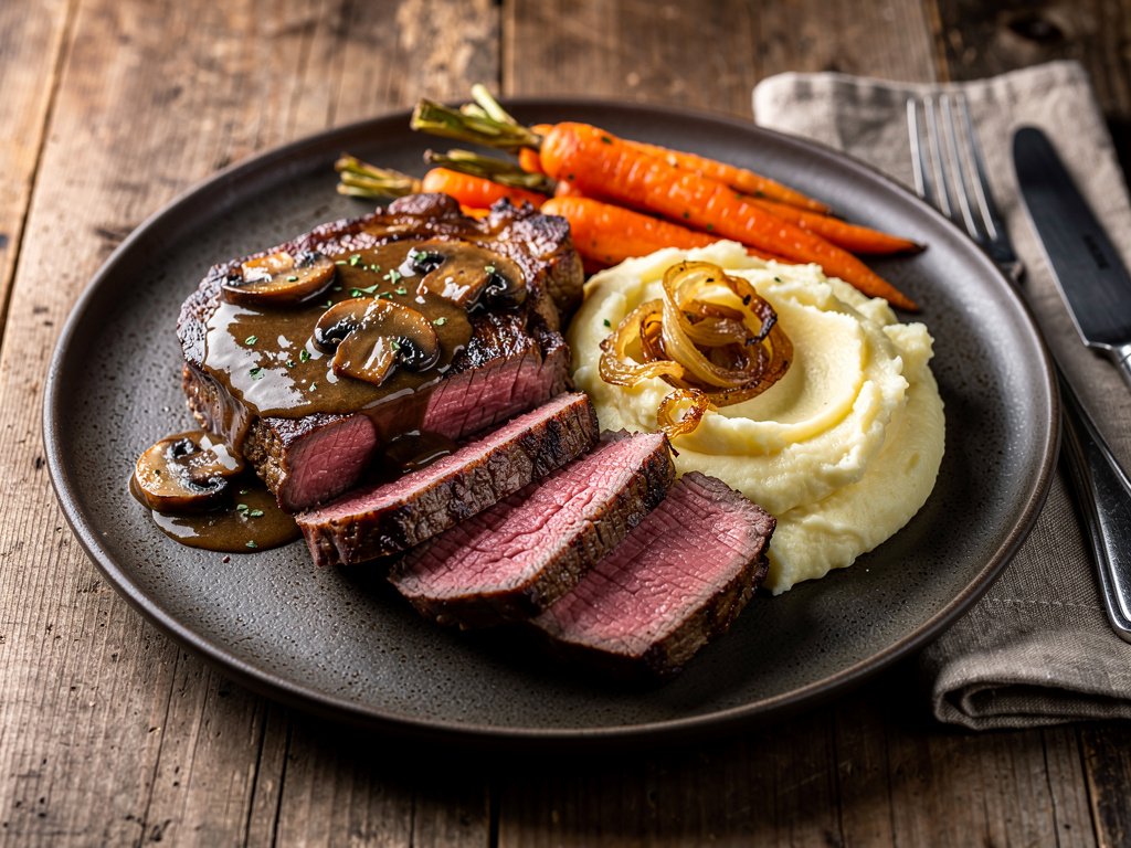 Pan-Seared New York Strip Steak with Creamy Mashed Potatoes and Roasted Carrots