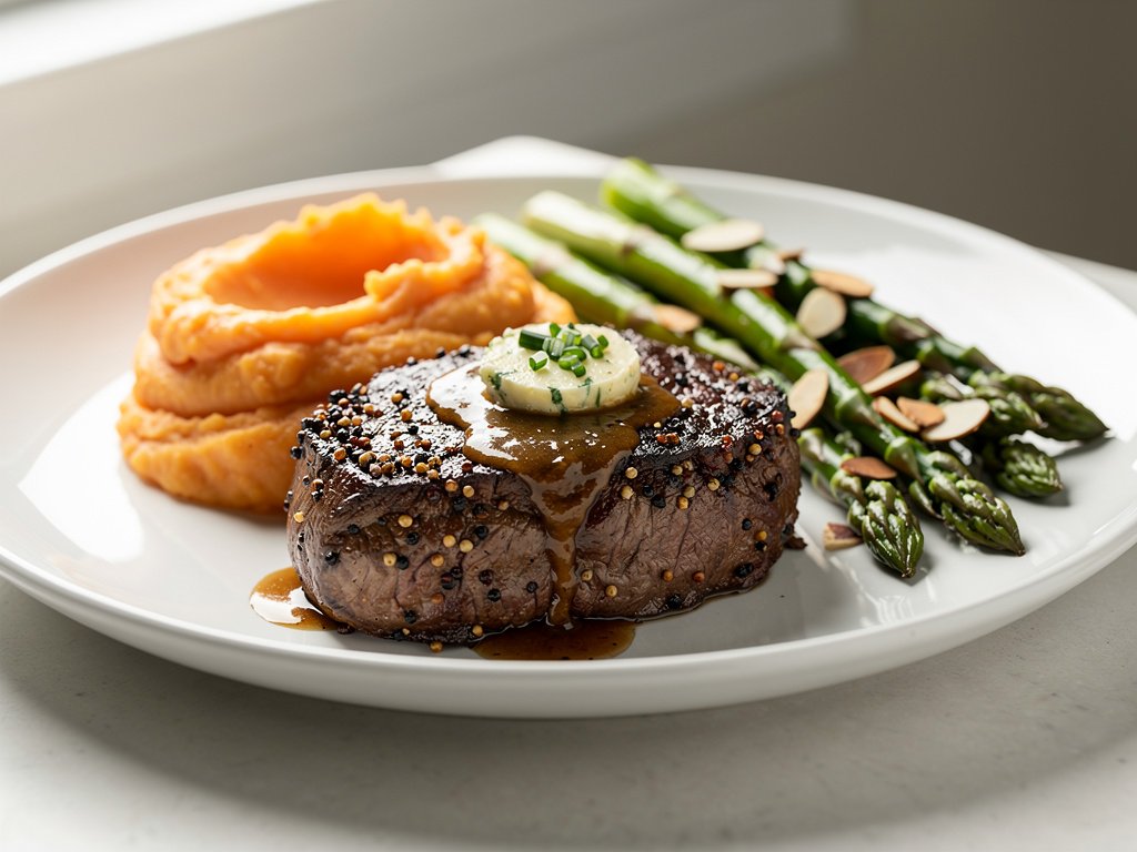 Pan-Seared Peppercorn Beef Tenderloin with Chive Butter, Asparagus Amandine, and Creamy Mashed Sweet Potatoes
