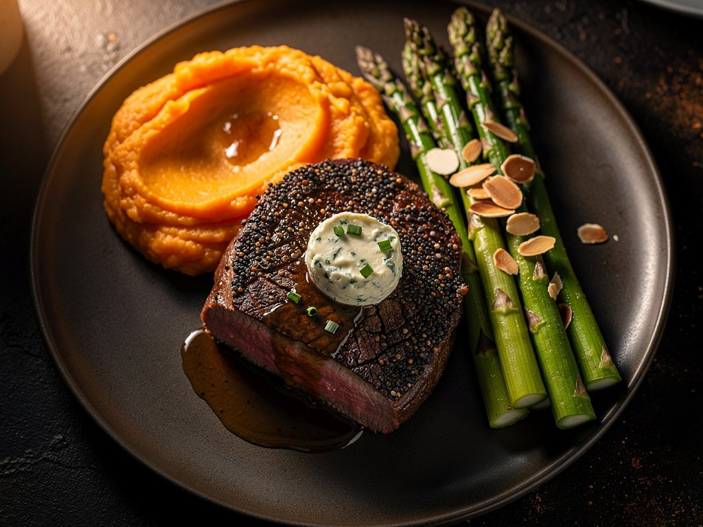 Pan-Seared Peppercorn Beef Tenderloin with Chive Butter, Asparagus Amandine, and Mashed Sweet Potatoes