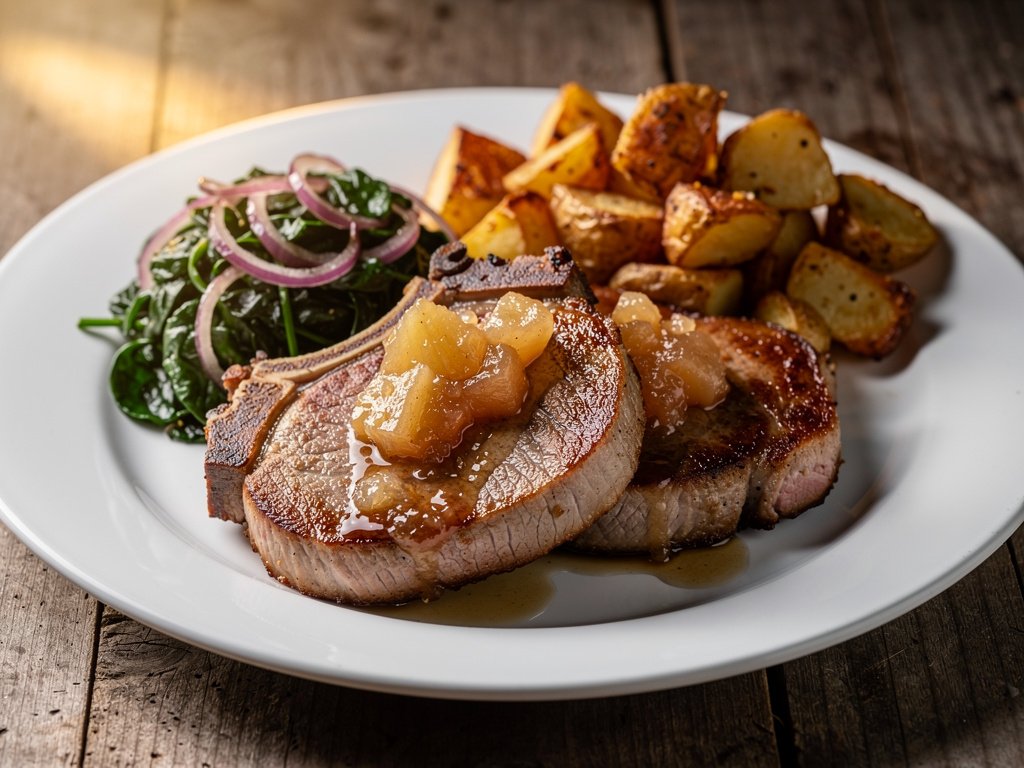 Pan-Seared Pork Chops with Apple Compote and Roasted Potatoes