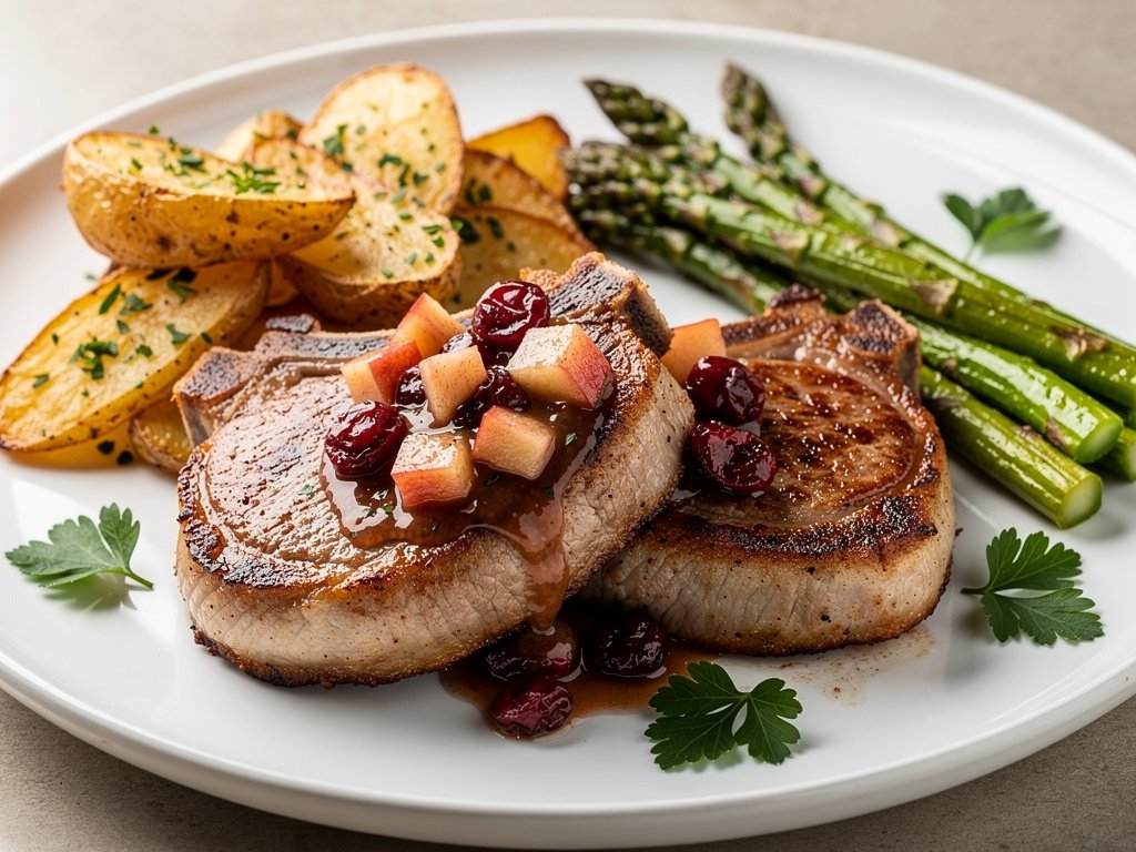 Pan-Seared Pork Chops with Apple Cranberry Sauce and Roasted Vegetables