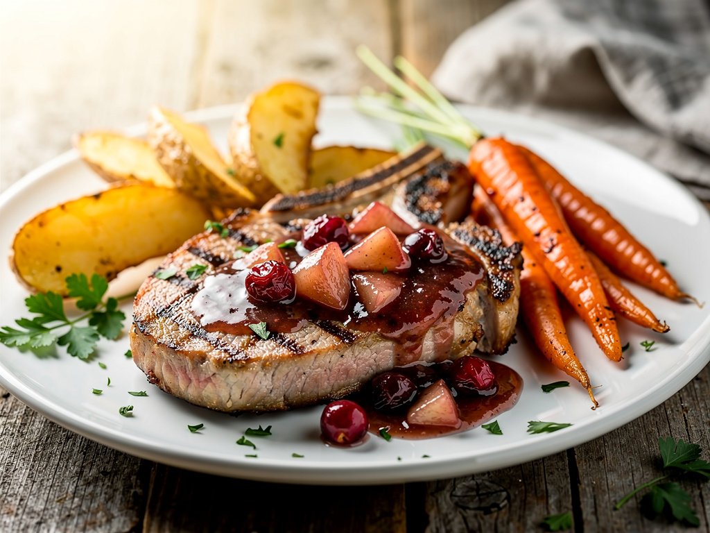 Pan-Seared Pork Chops with Apple Cranberry Sauce and Roasted Vegetables