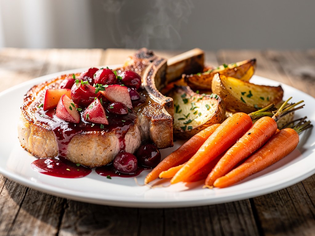 Pan-Seared Pork Chops with Apple Cranberry Sauce and Roasted Vegetables
