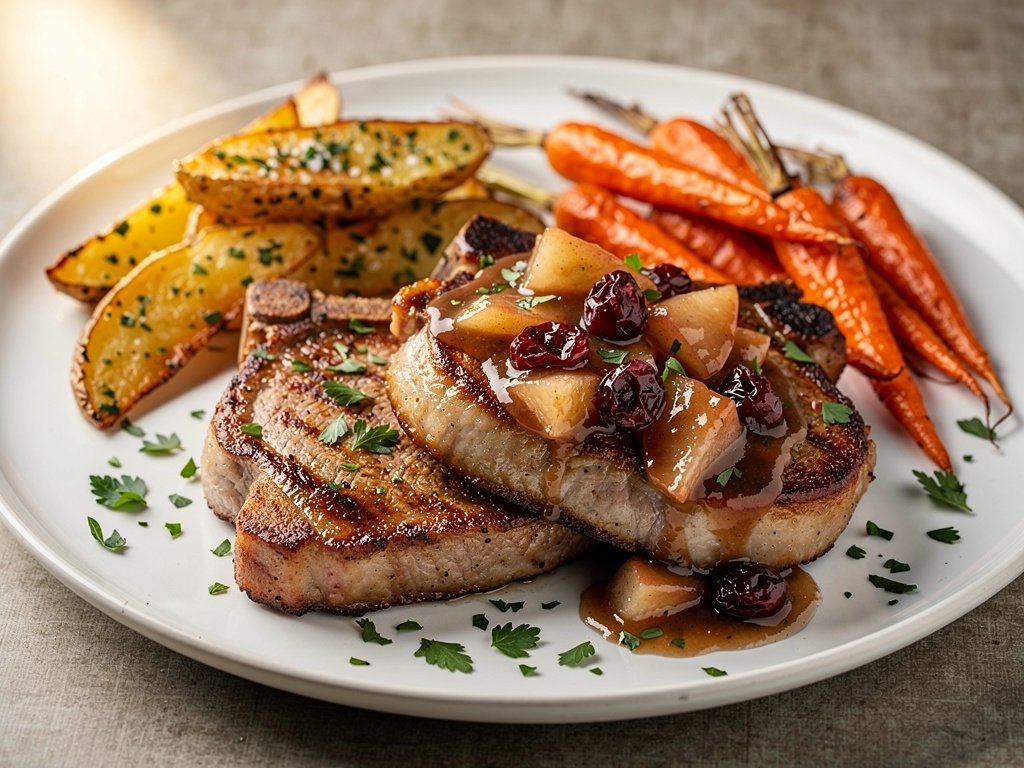 Pan-Seared Pork Chops with Apple Cranberry Sauce and Roasted Vegetables