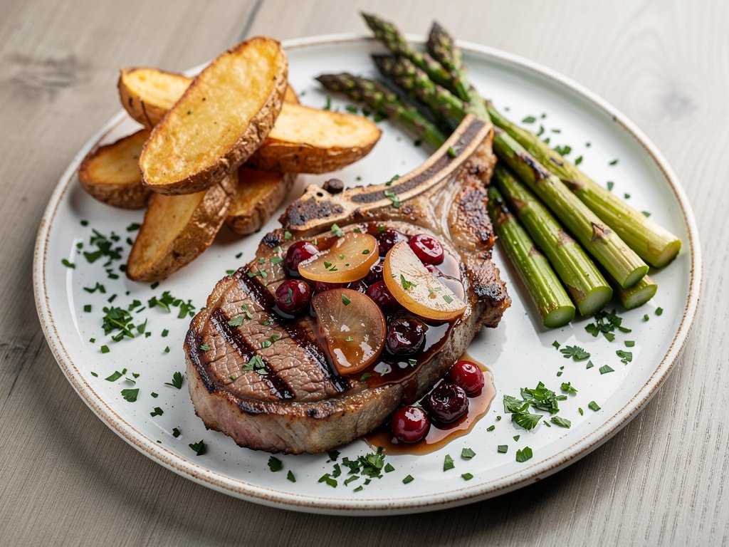 Pan-Seared Pork Chops with Apple Cranberry Sauce and Roasted Vegetables