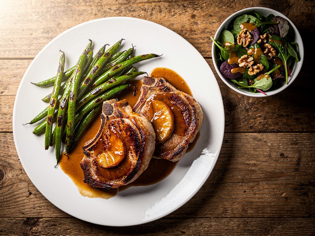 Pan-Seared Pork Chops with Brown Sugar Bourbon Apple Sauce and Honey Dijon Salad