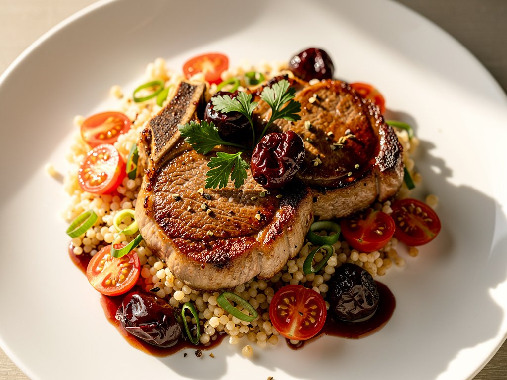Pan-Seared Pork Chops with Cherry Pan Sauce and Tomato Couscous Salad