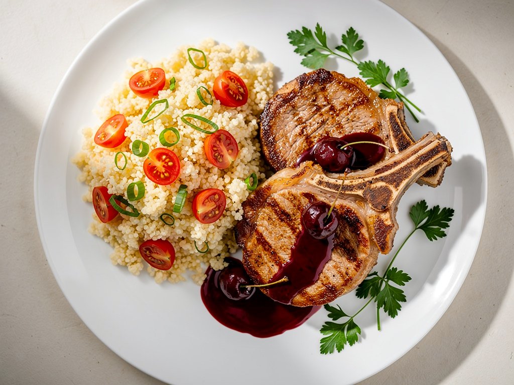 Pan-Seared Pork Chops with Cherry Sauce and Couscous Tomato Salad