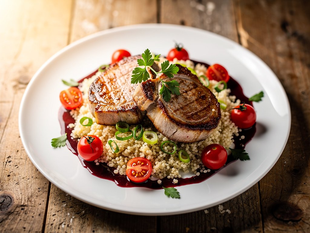 Pan-Seared Pork Chops with Cherry Sauce and Tomato Couscous Salad