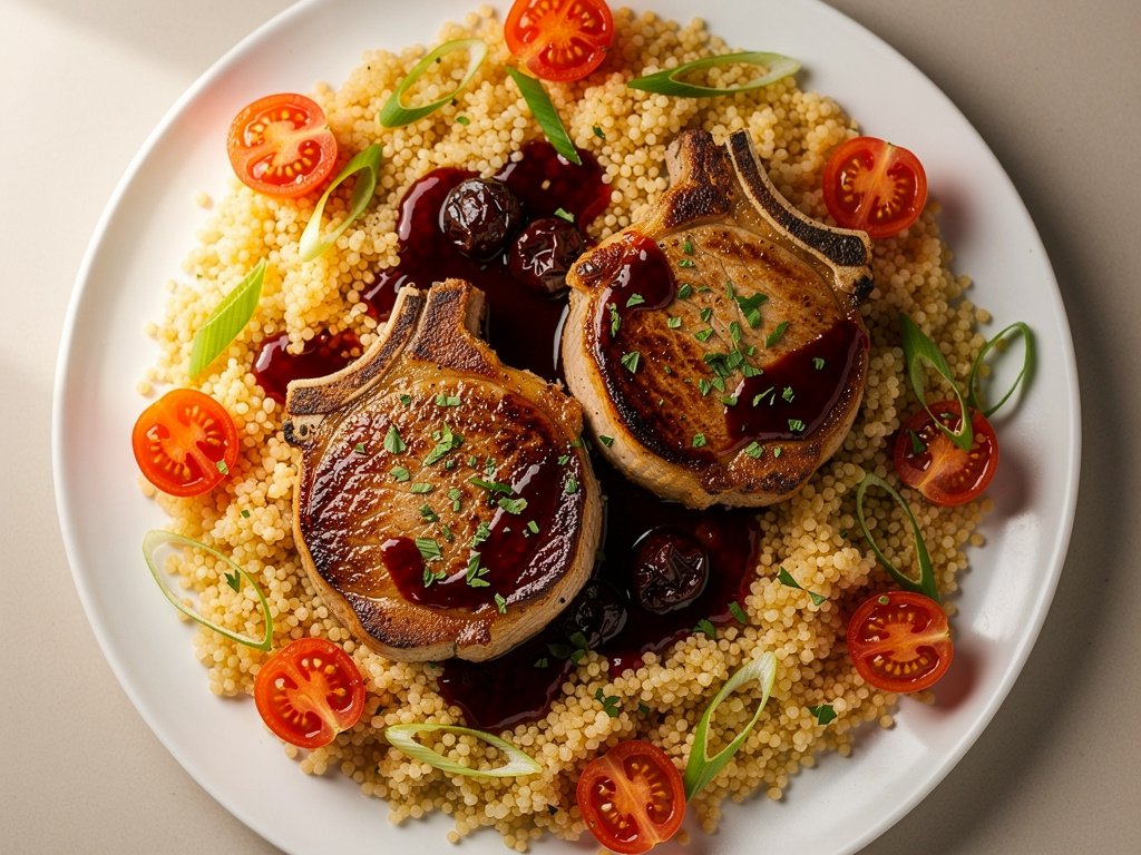 Pan-Seared Pork Chops with Cherry Sauce and Tomato Couscous Salad