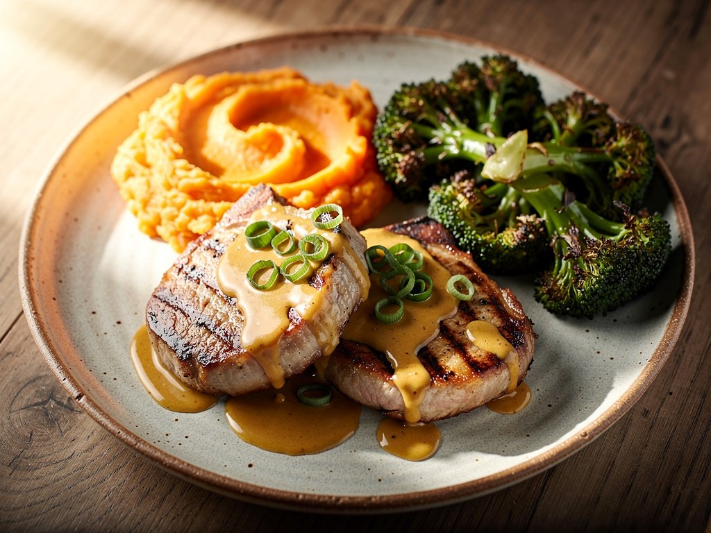 Pan-Seared Pork Chops with Creamy Honey Mustard Gravy, Roasted Broccoli, and Sweet Potato Carrot Mash