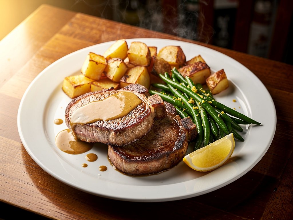 Pan-Seared Pork Chops with Creamy Sauce, Roasted Potatoes, and Lemon Green Beans