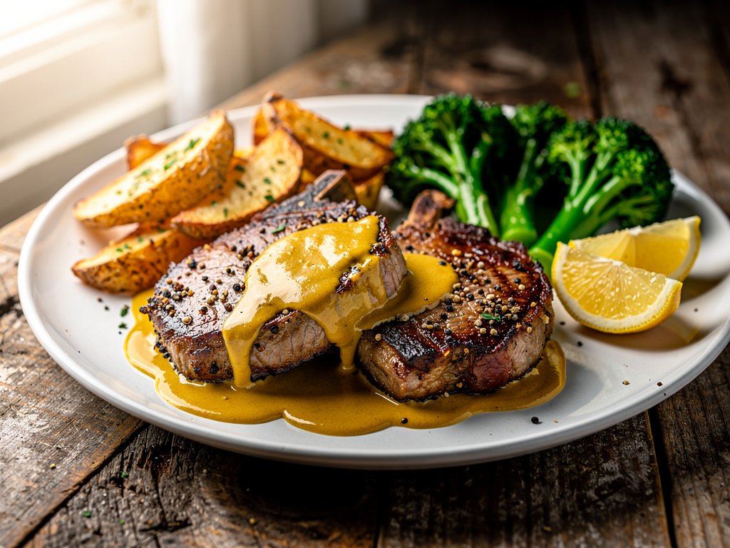 Pan-Seared Pork Chops with Creamy Sauce, Roasted Potatoes, and Lemony Broccoli