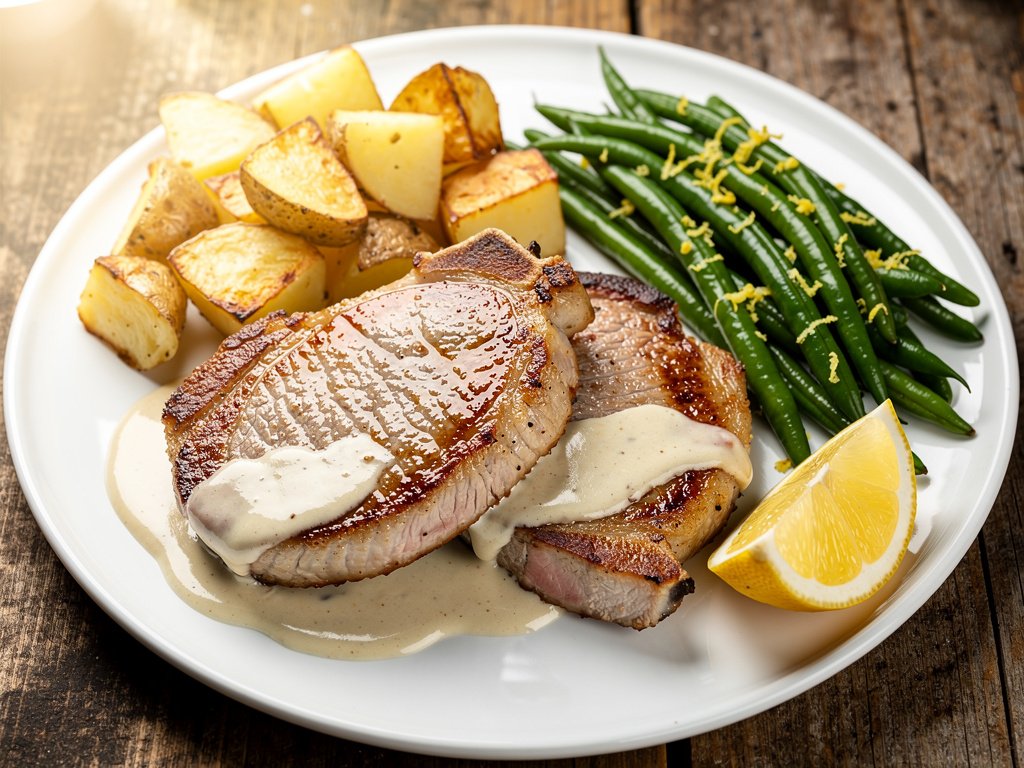 Pan-Seared Pork Chops with Creamy Shallot Sauce and Lemon Green Beans