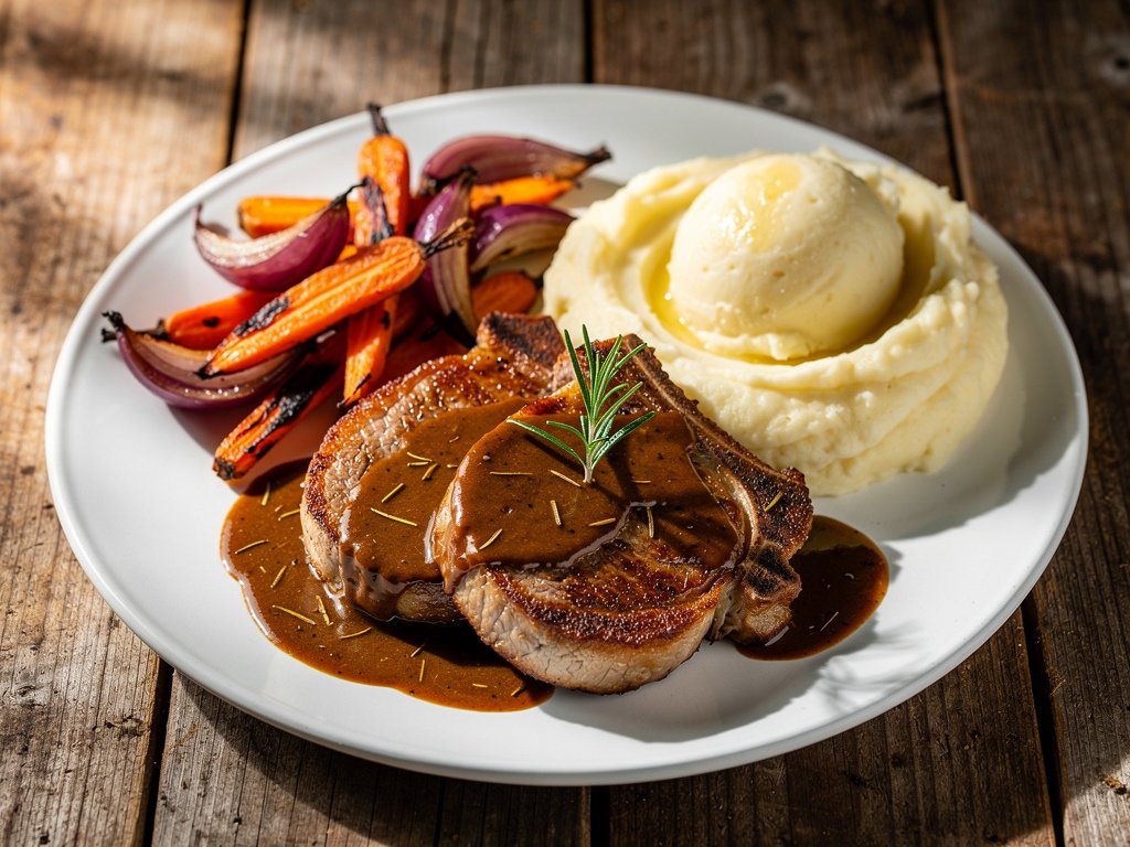 Pan-Seared Pork Chops with Rosemary Demi-Glace, Creamy Mashed Potatoes, and Roasted Vegetables