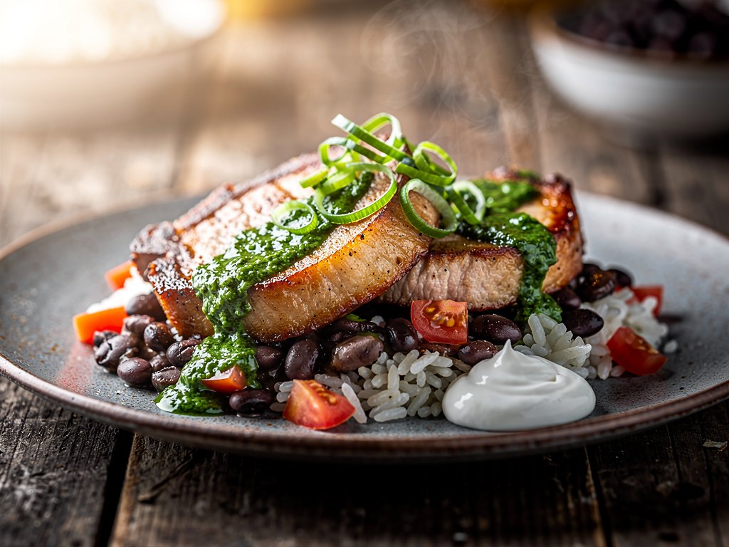 Pan-Seared Pork Chops with Scallion Chimichurri and Creamy Black Beans over Rice