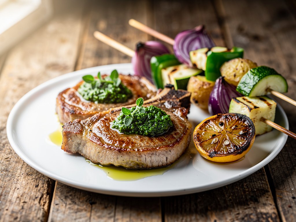 Pan-Seared Pork Chops with Roasted Veggie Kebabs and Herb Pesto