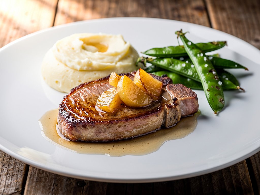 Pan-Seared Pork Chops with Sweet Apple Sauce, Mashed Potatoes, and Snap Peas
