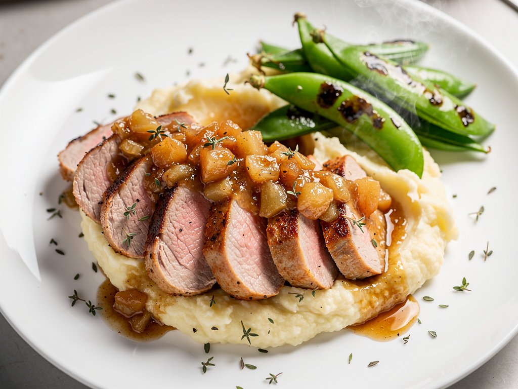 Pan-Seared Pork Tenderloin with Sweet Apple Pan Sauce, Cauliflower Mash, and Snap Peas