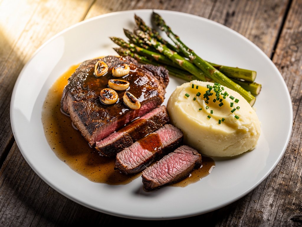 Pan-Seared Ribeye with Roasted Garlic Sauce, Mashed Potatoes, and Asparagus