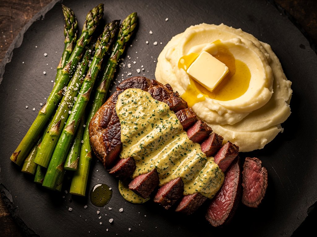 Pan-Seared Ribeye Steak with Tarragon Mustard Sauce, Roasted Asparagus, and Garlic Mashed Potatoes