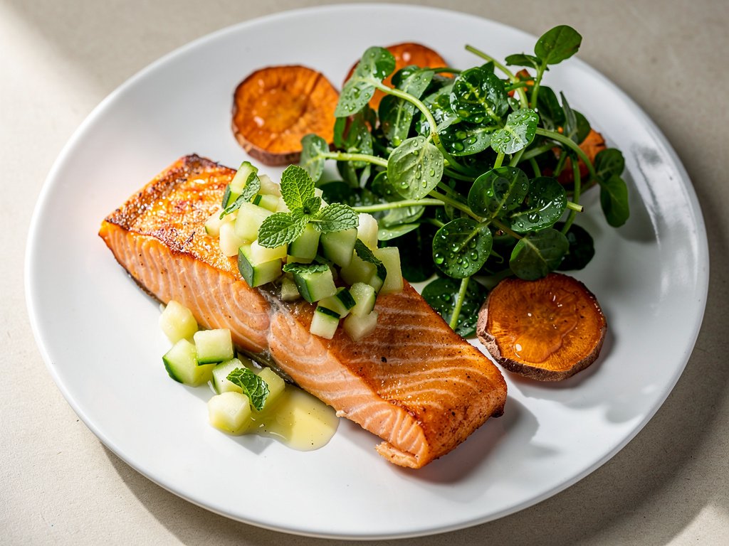 Pan-Seared Salmon with Honeydew-Cucumber Salsa and Watercress Salad