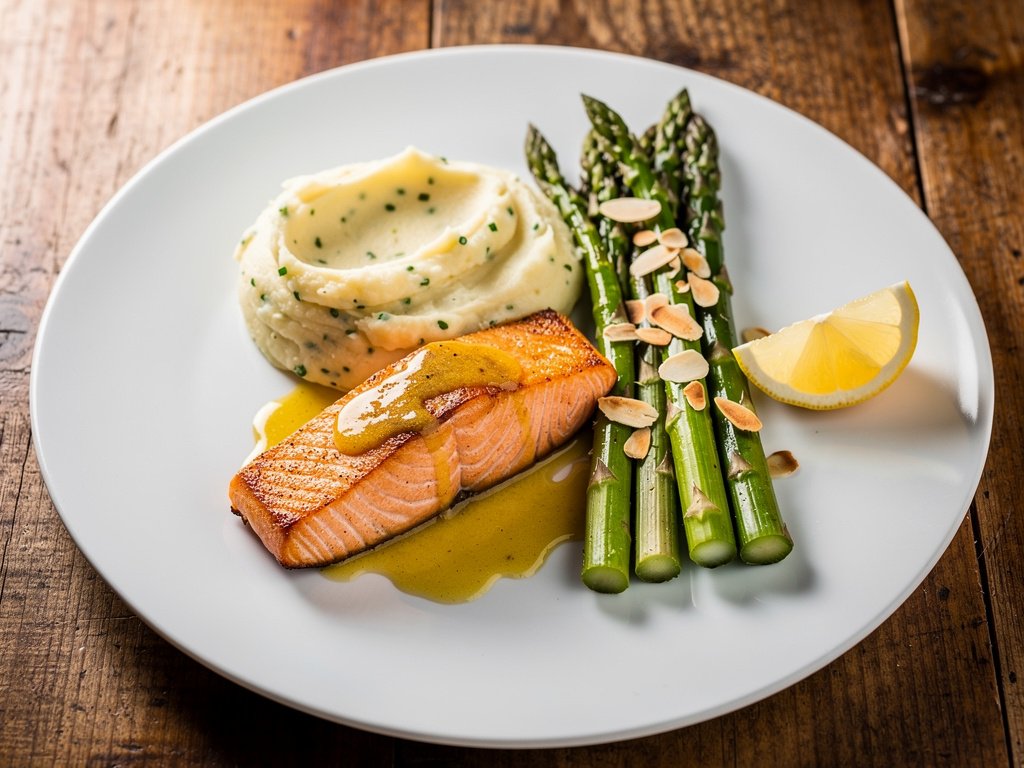 Pan-Seared Salmon with Horseradish Mash and Asparagus Amandine