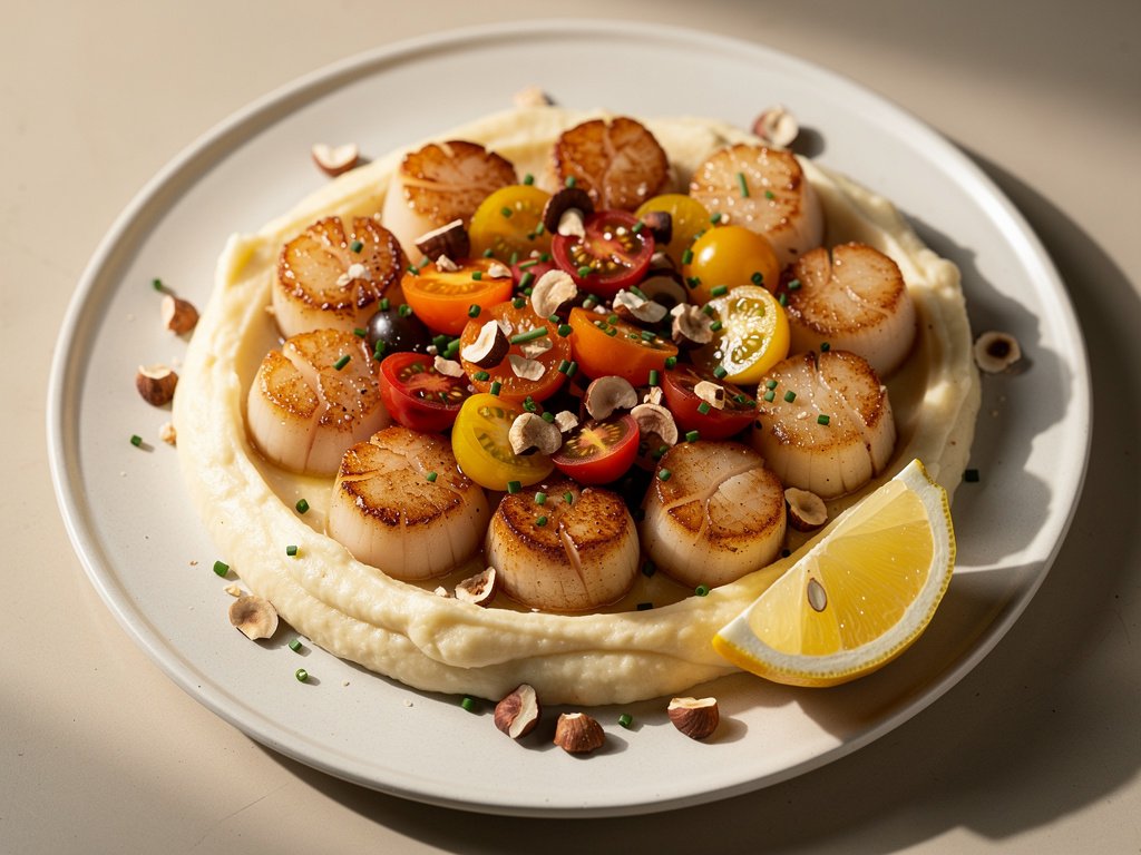 Pan-Seared Scallops with Heirloom Tomatoes, Mashed Potatoes, and Meyer Lemon
