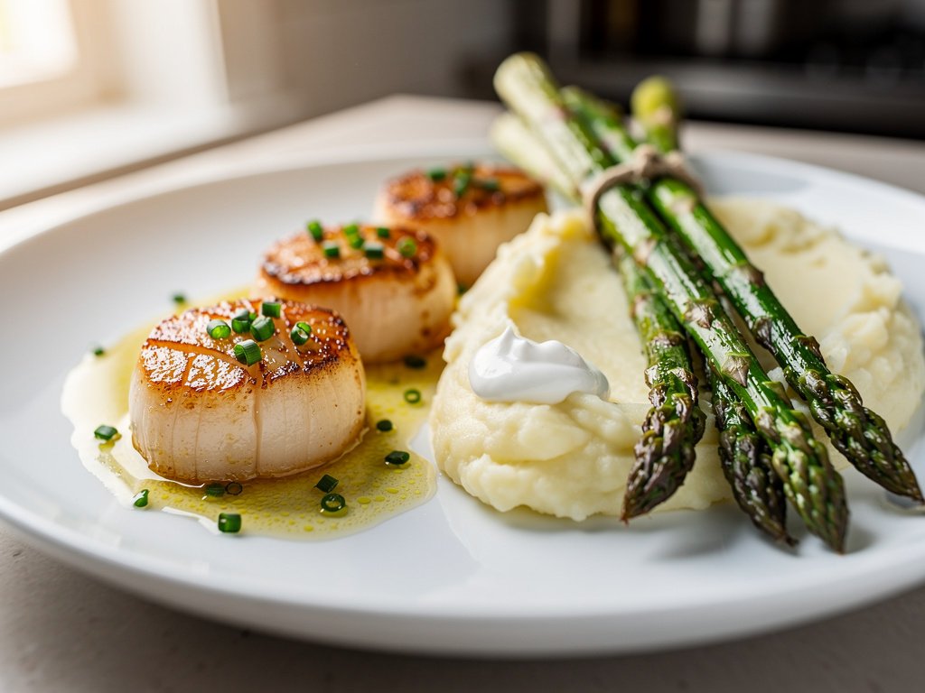Pan-Seared Scallops with Lemon Butter Sauce, Crème Fraîche Mashed Potatoes, and Roasted Asparagus