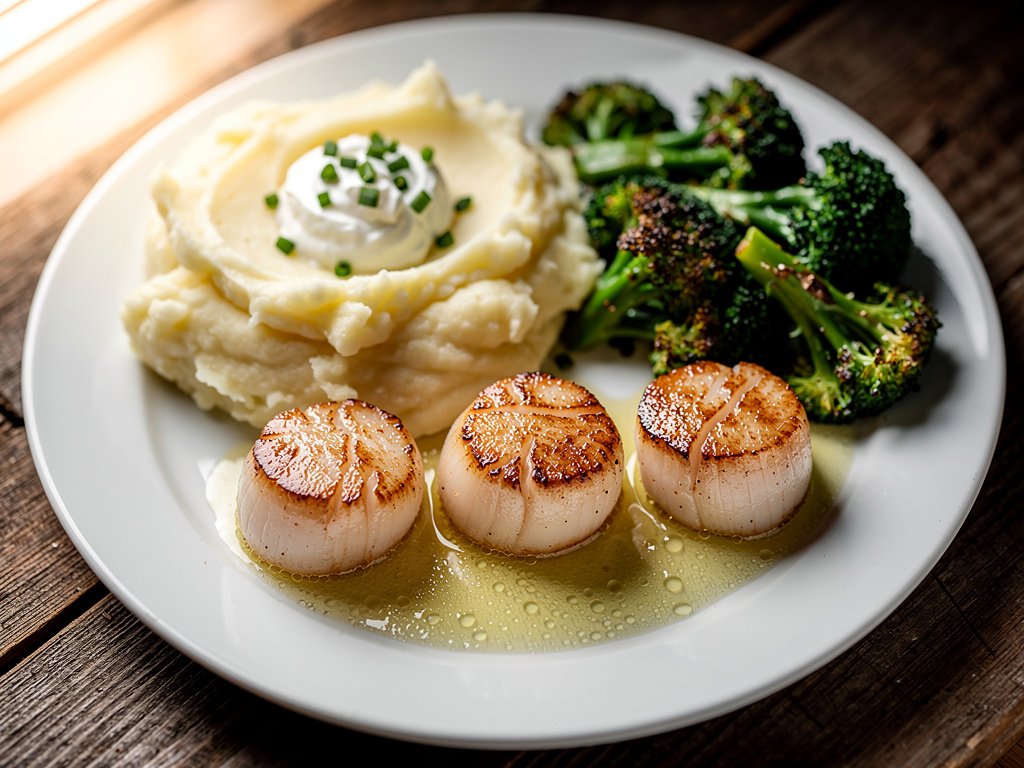 Pan-Seared Scallops with Lemon Butter Sauce, Crème Fraîche Mashed Potatoes, and Roasted Broccoli