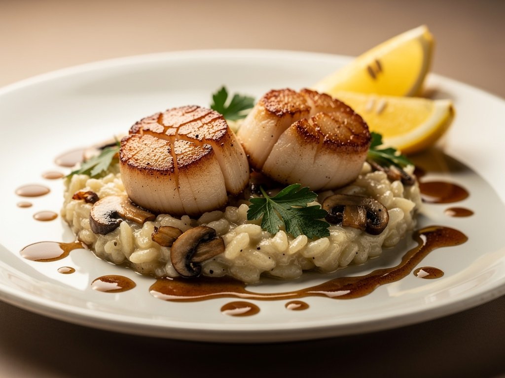 Pan-Seared Scallops with Truffle Mushroom Risotto and Brown Butter Herb Sauce